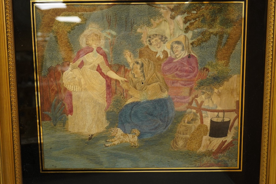 A Regency pictorial silk work embroidery with verre eglomise glass and an 18th century dutch peasant scene coloured print, largest 49cm wide x 42cm high. Condition - both poor